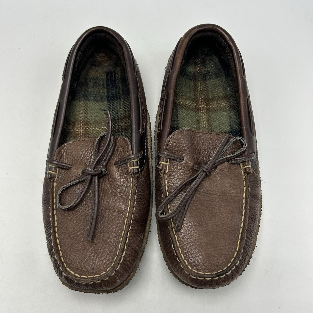 LL Bean Leather Slippers Womens 5 M Brown Flannel Lined Moccasins Preppy Classic